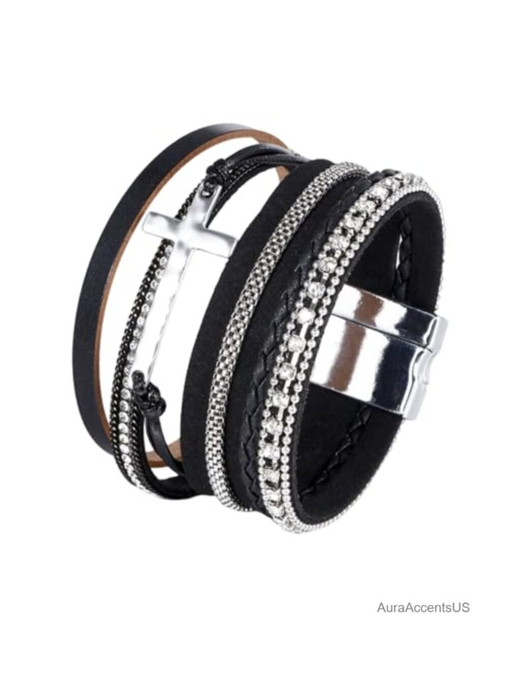 Handmade Boho Leather Wrap Bracelet with Cross Charm for Women